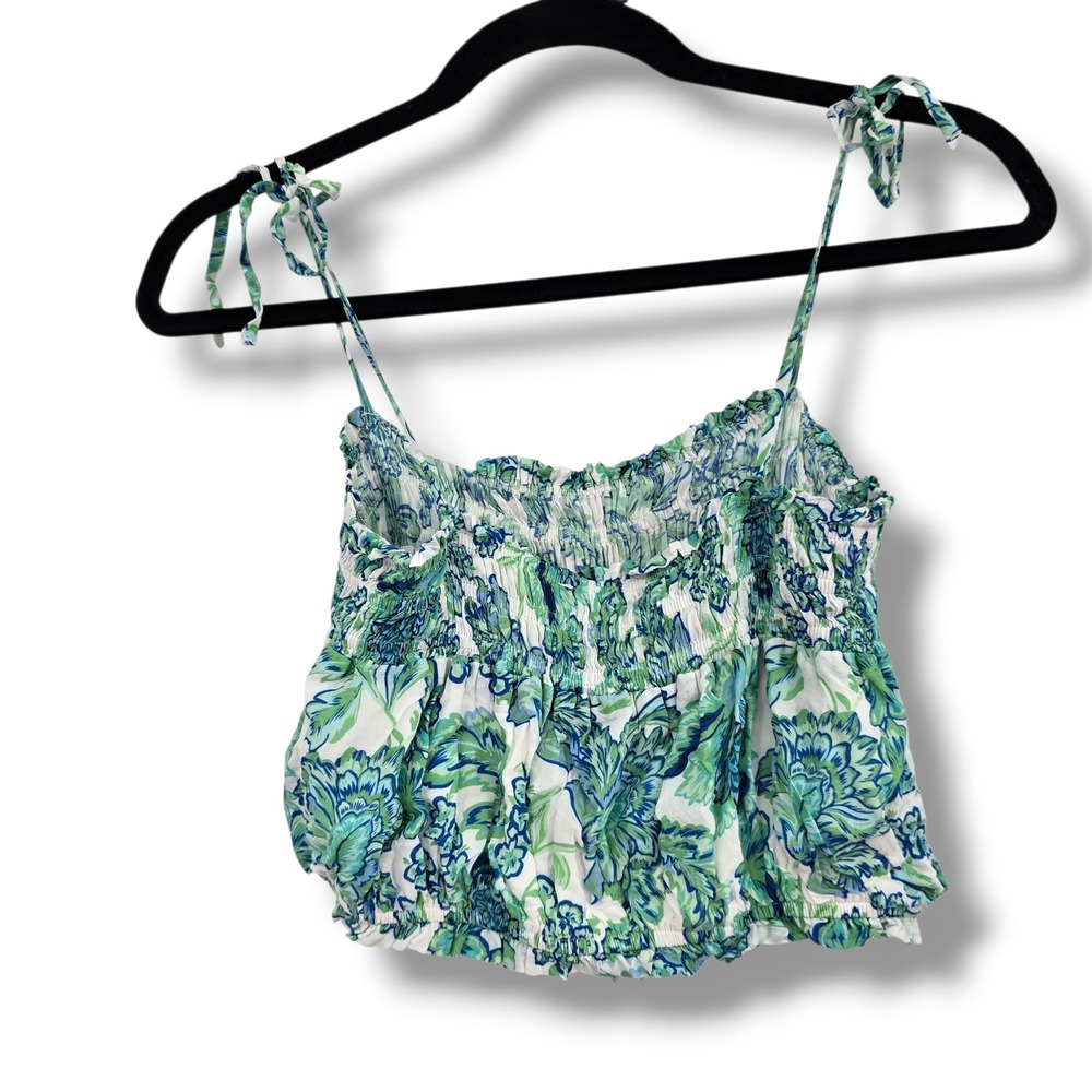 MINKPINK Blue Green Floral Smocked Tie Shoulder Crop Top Womens Small